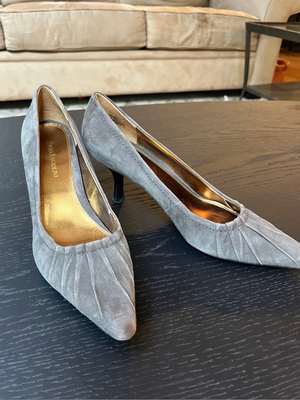 Enzo Angiolini Gray Suede Pointed Kitten Heel Pumps